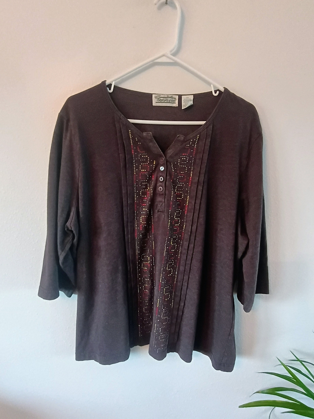 Extra Shenanigans 2X Gray Embellished Henley Top Boho Western Plus Size